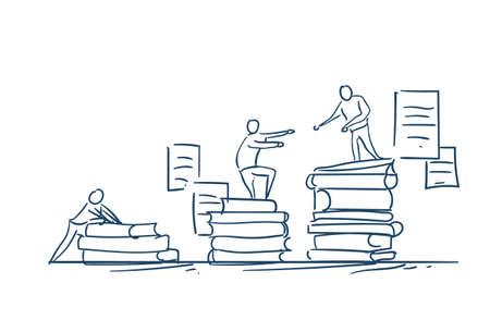 man on books stack give helping hand education success concept podium winers on white background sketch doodle vector illustrationのイラスト素材