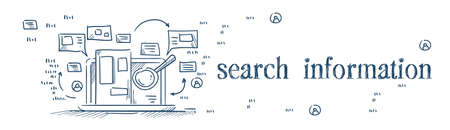 magnify glass search information on laptop internet browsing concept on white background sketch doodle banner vector illustrationのイラスト素材