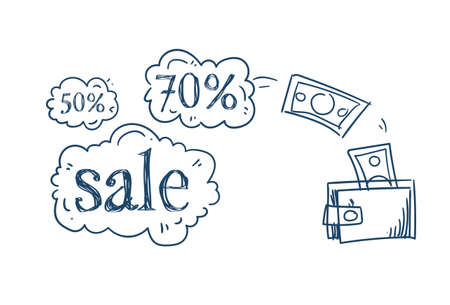 wallet money transaction shopping sale concept discount price chat bubble on white background sketch doodle vector illustrationのイラスト素材