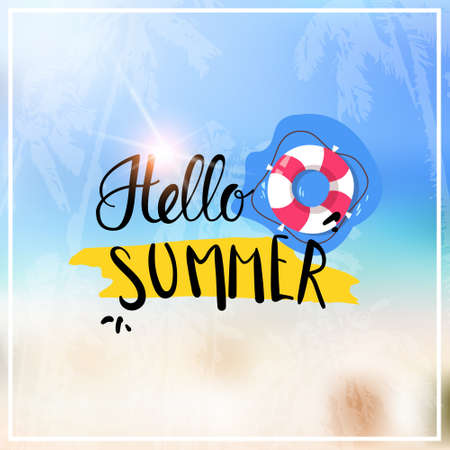 hello summer blurred sea bokeh beach background frame design badge vacation season holidays...