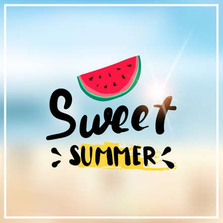 watermelon summer blurred sea bokeh beach background frame design badge vacation season holidays lettering for logo templates invitation greeting card prints and posters vector illustrationのイラスト素材