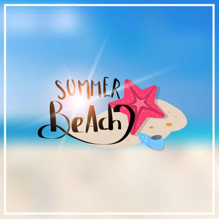 starfish summer blurred sea bokeh beach background frame design badge vacation season holidays lettering for logo templates invitation greeting card prints and posters vector illustrationのイラスト素材