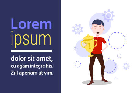 man character holding win prize golden cup template for design work or animation over white background full length flat horizontal copy space vector illustrationのイラスト素材