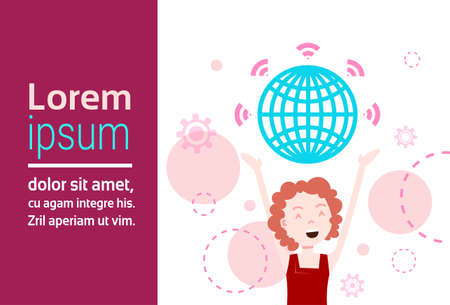 woman character holding world globe wireless over head template for design work or animation over white background portrait flat copy space horizontal vector illustrationのイラスト素材
