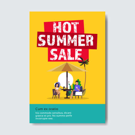summer sale couple man woman sunset beach lettering badge design label season shopping for logo templates invitation greeting card prints and posters vertical vector illustrationのイラスト素材