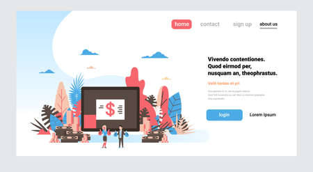 dollar banknote coin stack background man and woman hand hold money bag wealth growth concept flat copy space horizontal vector illustrationのイラスト素材