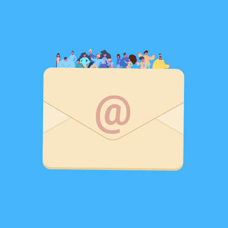 casual people group on email envelope together man woman character diversity poses blue background...