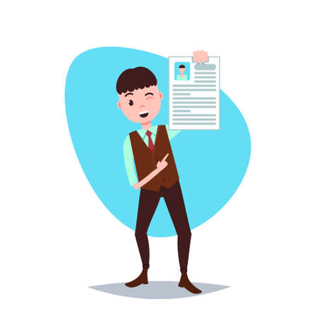 happy cv man holding personnel resume concept template for design work or animation over white background full length flat vector illustrationのイラスト素材