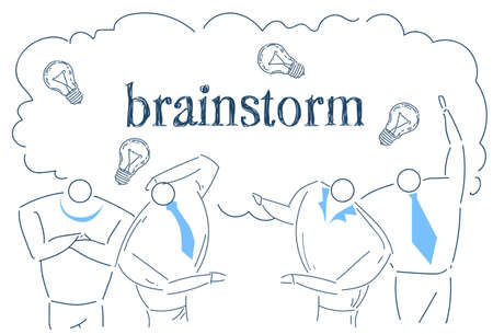 business people team brainstorming idea light lamp working together process strategy concept sketch doodle vector illustrationのイラスト素材