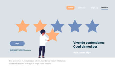 three star rating man giving feedback concept african american character flat horizontal copy space...