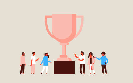 successful people group stand winner cup trophy first place number one concept teamwork success flat horizontal vector illustrationのイラスト素材