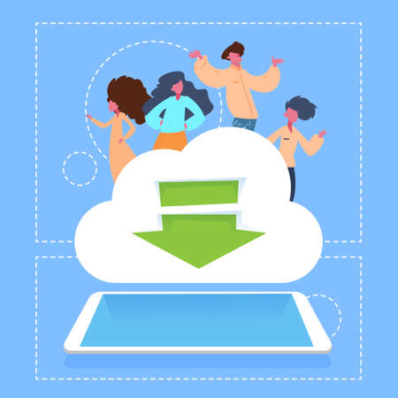 people on download cloud storage network tablet man woman together cartoon character diversity poses...