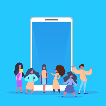 people team mobile application communication male female cartoon character diversity poses blue background full length flat vector illustrationのイラスト素材