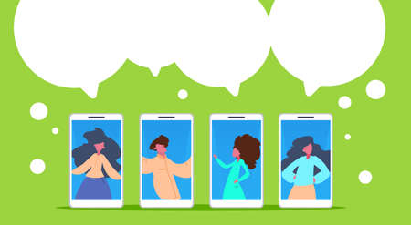 man woman communication mobile application chat bubbles portrait diversity poses horizontal green background flat vector illustrationのイラスト素材