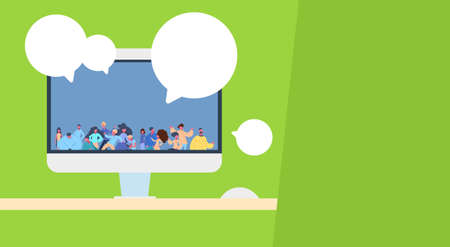 people group computer chat bubble application communication cartoon character green background portrait flat vector illustrationのイラスト素材