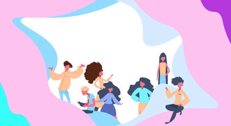 people group relaxing over colorful creative background flat full length horizontal vector illustrationのイラスト素材