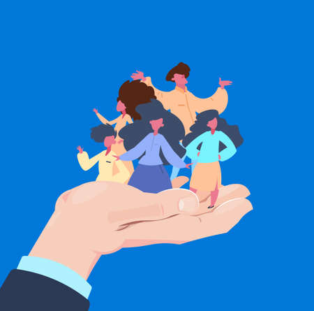 human palm hold people group customer retention concept insurance care providing save loyalty flat style vector illustrationのイラスト素材