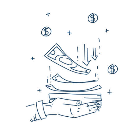 human hand hold dollar banknote money growth wealth concept isolated sketch doodle vector illustrationのイラスト素材