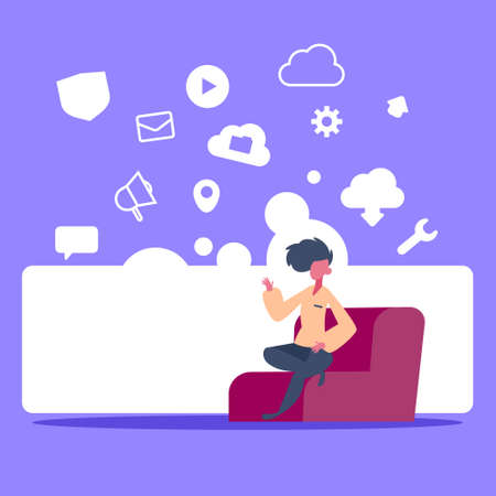 man sitting online data cloud synchronization icons social network icon flat vector illustrationのイラスト素材