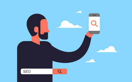 Seo search engine optimization man using smartphone internet searching concept process flat horizontal vector illustrationのイラスト素材