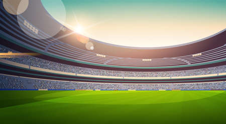 empty football stadium field view sunset flat horizontal vector illustrationのイラスト素材