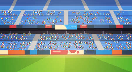 empty football stadium field arena filled tribunes before start match flat horizontal vector illustrationのイラスト素材
