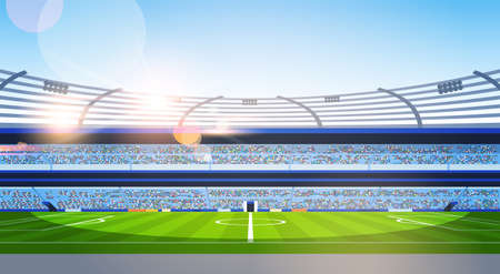 empty football stadium field view sunset flat horizontal vector illustrationのイラスト素材