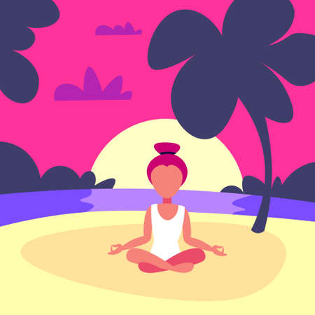 woman doing yoga exercises lotus sunset beach background female sport activity cartoon character full length flat vector illustrationのイラスト素材