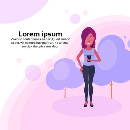 young woman using smartphone female cartoon character full length flat copy space vector...