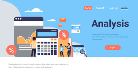 business people graph finance analysis calculator working together brainstorming concept flat horizontal copy space vector illustrationのイラスト素材