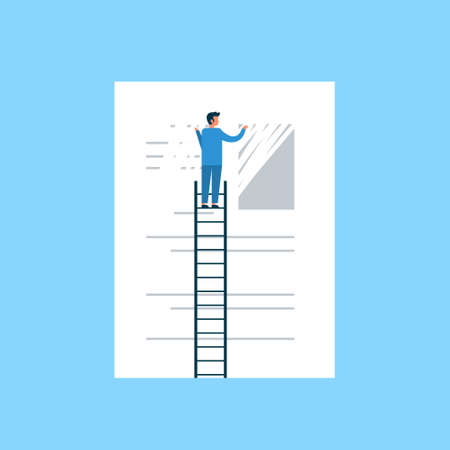 businessman erasing information clear data concept man on ladder delate info flat blue background vector illustrationのイラスト素材