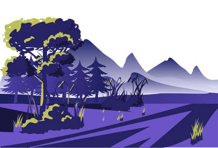 dawn view morning mist forest mountain outdoor landscape background flat horizontal vector illustrationのイラスト素材
