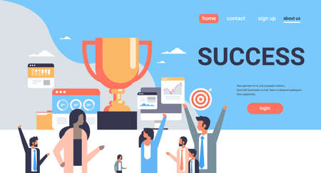 successful people group stand winner cup trophy first place number one concept teamwork success flat horizontal copy space vector illustrationのイラスト素材