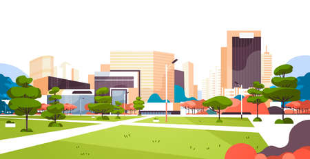 urban city park skyscraper buildings view modern cityscape downtown flat horizontal vector illustrationのイラスト素材