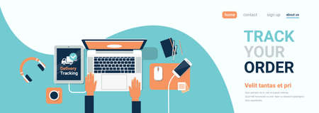 human hand laptop computer delivery track company top angle view horizontal banner copy space flat vector illustrationのイラスト素材