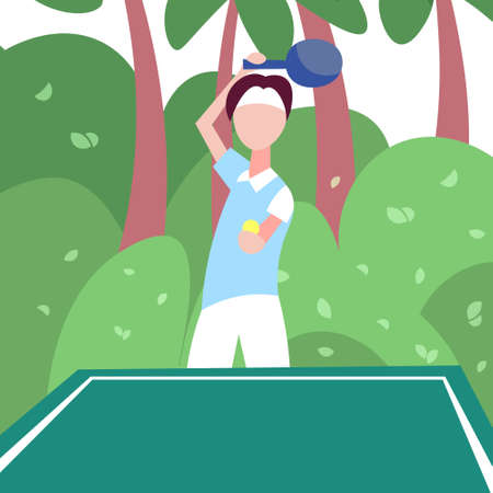 man ping pong player hold racket palm landscape background male sport activity cartoon character full length flat vector illustrationのイラスト素材