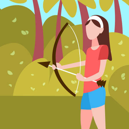 woman archer holding bow arrow landscape background female sport activity cartoon character full...