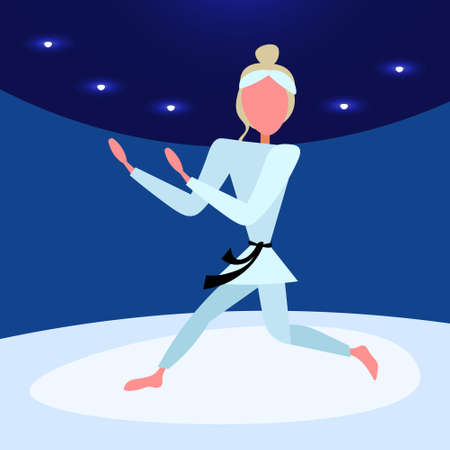 karate woman kimono exercises pose arena background female cartoon character full length flat vector illustrationのイラスト素材
