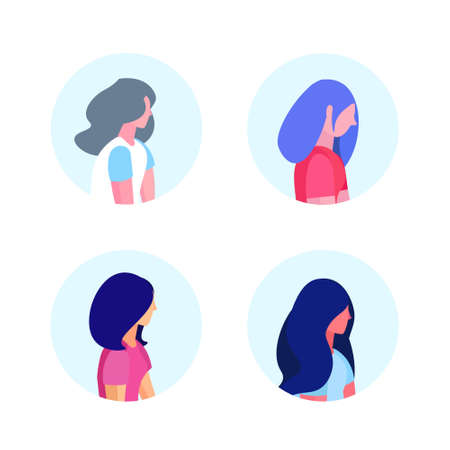 set diversity woman profile isolated hairstyle avatar female cartoon character portrait flat vector illustrationのイラスト素材