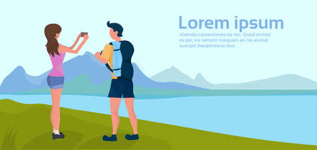 expedition couple doing selfie camping activities landscape forest mountain river outdoor nature background rear view woman man cartoon character flat horizontal copy space vector illustrationのイラスト素材