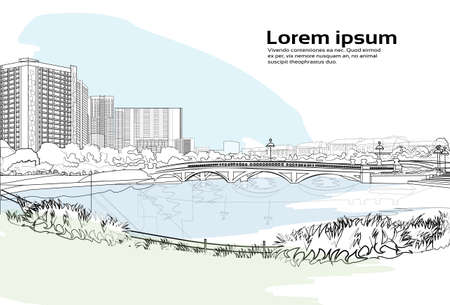 stone bridge over river cityscape white background city buildings landscape view horizontal copy space vector illustrationのイラスト素材