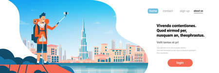 Man tourist backpack taking selfie photo over beautiful Dubai city background cityscape flat horizontal banner copy space vector illustrationのイラスト素材