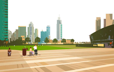 people walking relax stadium arena concept over skyscraper buildings modern cityscape background flat horizontal vector illustrationのイラスト素材