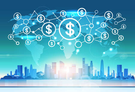 world map futuristic dollar money icon interface network connection concept cityscape background...