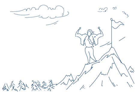 Businessman climbed mountain flag leader business man top point success win concept male silhouette sketch doodle horizontal vector illustrationのイラスト素材