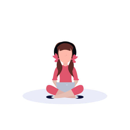 little girl headphones sitting pose isolated using tablet female faceless cartoon character flat vector illustrationのイラスト素材