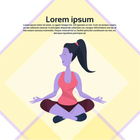 violet cartoon character girl sitting pose doing yoga exercises yellow background copy space flat vector illustrationのイラスト素材