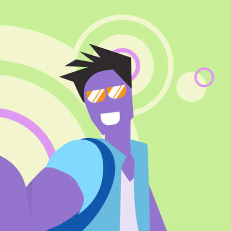 violet cartoon character man doing selfie green background glasses fabulous personage party concept flat vector illustrationのイラスト素材