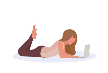 brown hair woman using laptop lying pose isolated faceless profile silhouette female cartoon character full length flat vector illustrationのイラスト素材