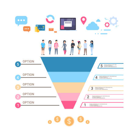 people group data cloud synchronization business timeline process chart infographics funnel template used for presentation and workflow layout diagram, web design. copy space banner vector illustrationのイラスト素材